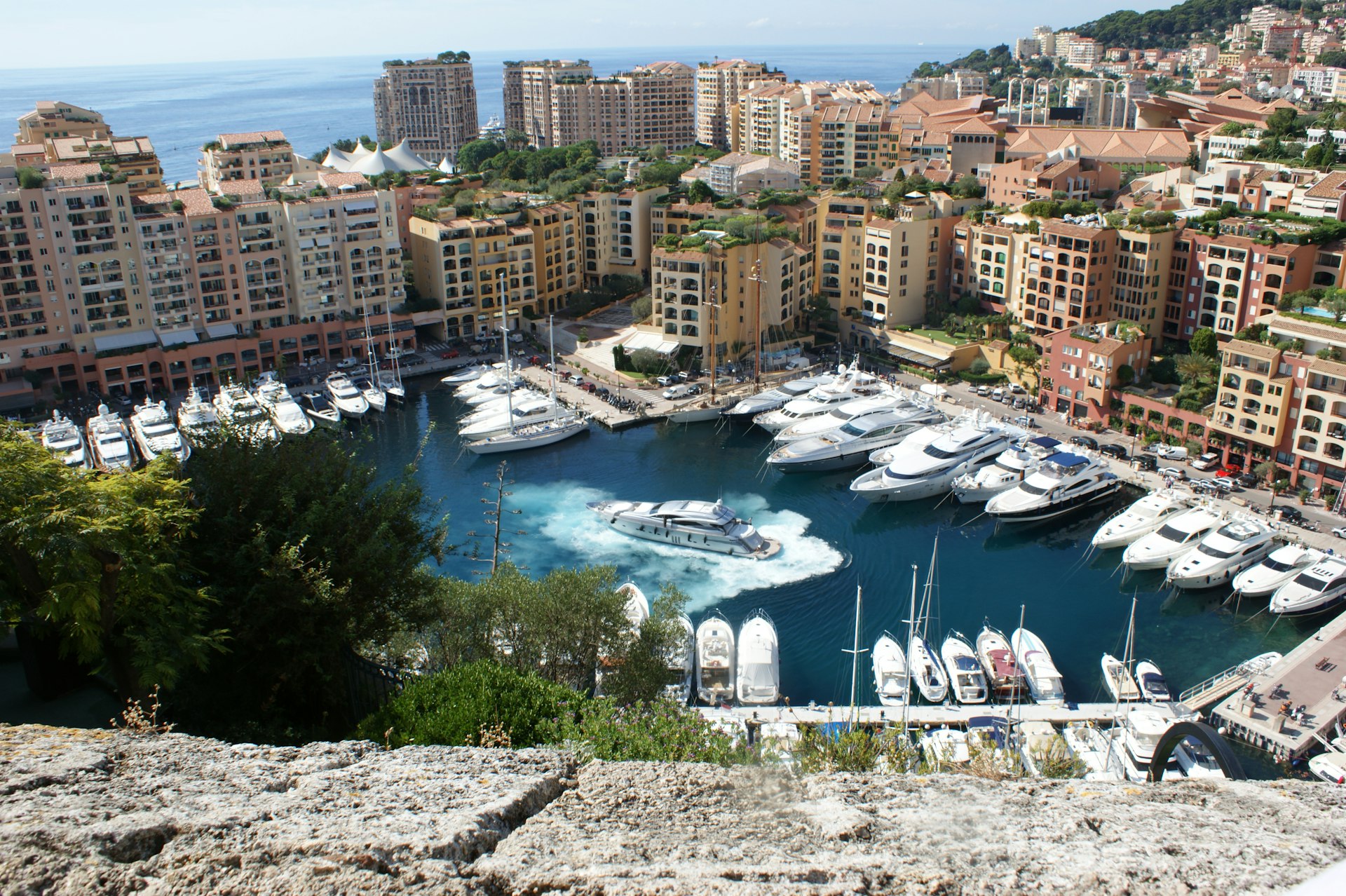 A view of a marina with boats in the water